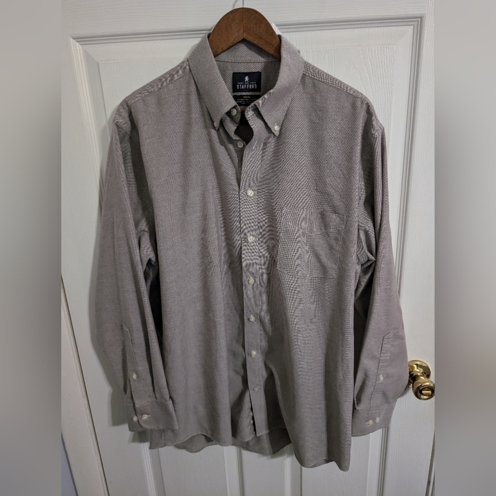 Stafford Men Dress Shirt Travel Brown 17 34 35 Oxford Long Sleeve Wrinkle Free